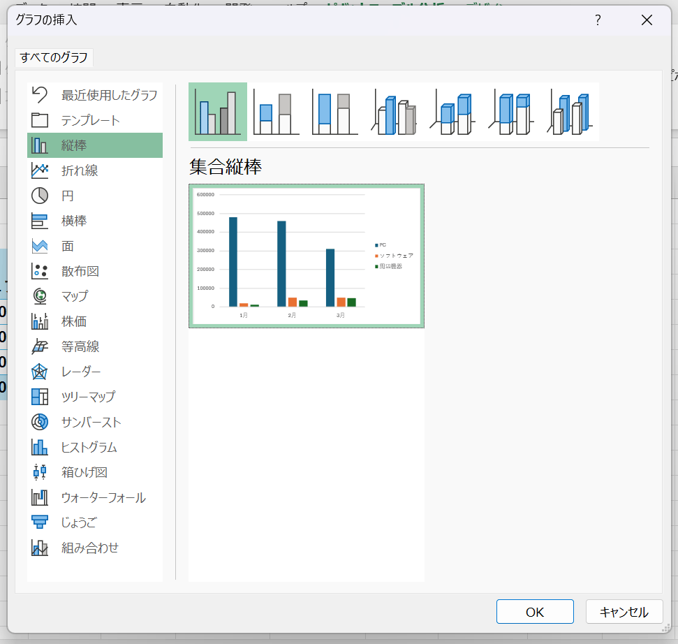 「グラフの挿入」ダイアログボックスが開くので、作成したいグラフの種類（縦棒、折れ線、円など）を選び、「OK」をクリック